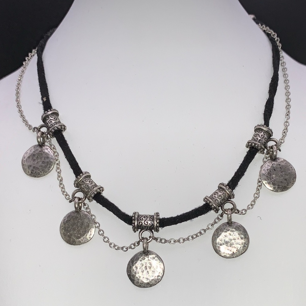Leather and hammered silver charm necklace